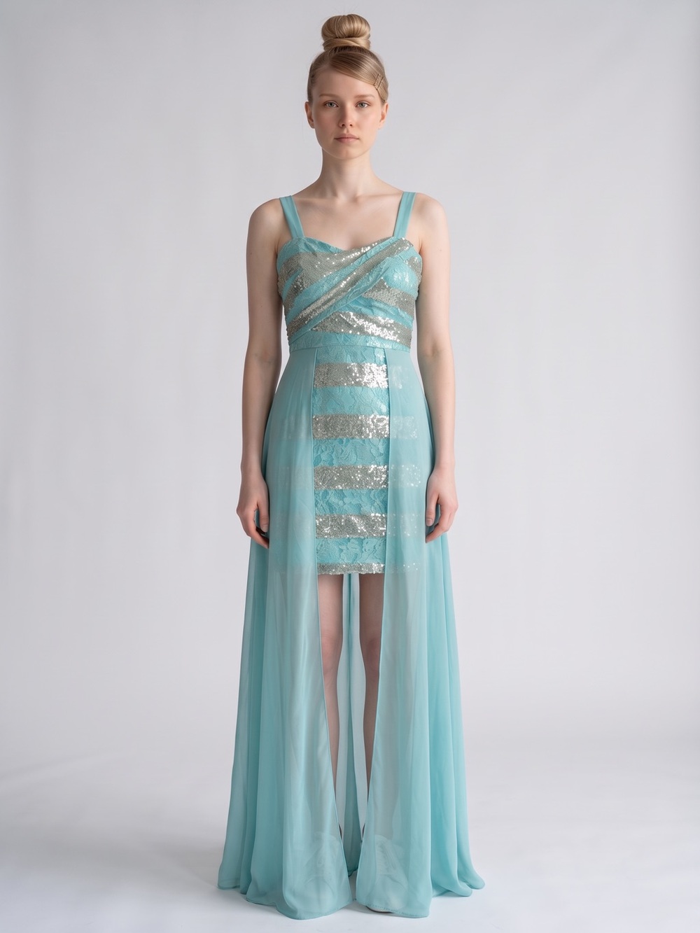 Belda ethereal, glamorous sequins evening gown chiffon overlay soft aqua. Prom